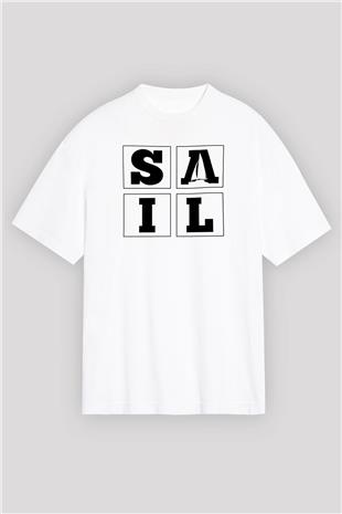 Yelken Baskılı Unisex Beyaz Oversize Tişört - Tshirt