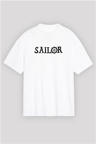 Yelken Baskılı Unisex Beyaz Oversize Tişört - Tshirt
