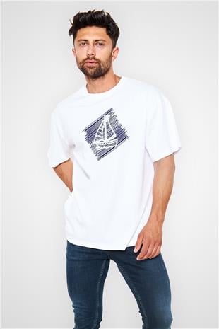 Yelken Baskılı Unisex Beyaz Oversize Tişört - Tshirt