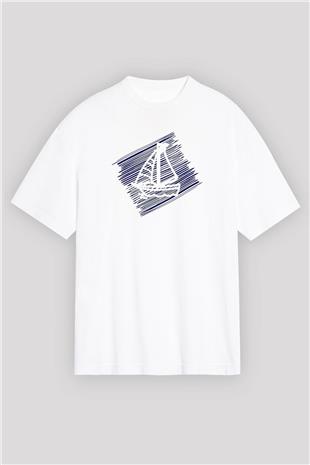 Yelken Baskılı Unisex Beyaz Oversize Tişört - Tshirt