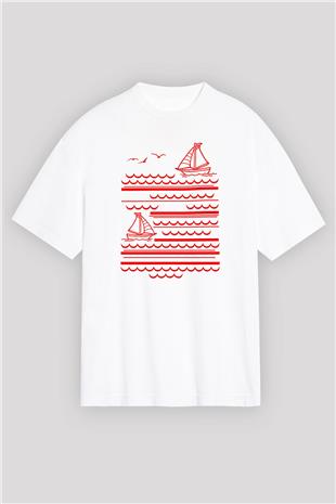 Yelken Baskılı Unisex Beyaz Oversize Tişört - Tshirt