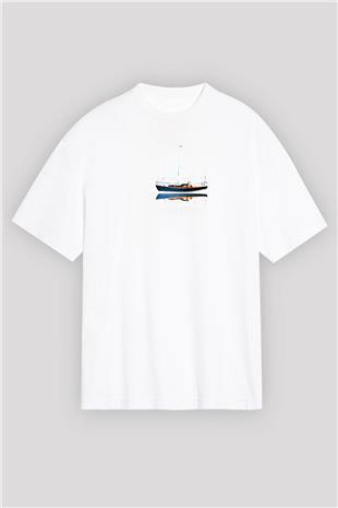 Yelken Baskılı Unisex Beyaz Oversize Tişört - Tshirt