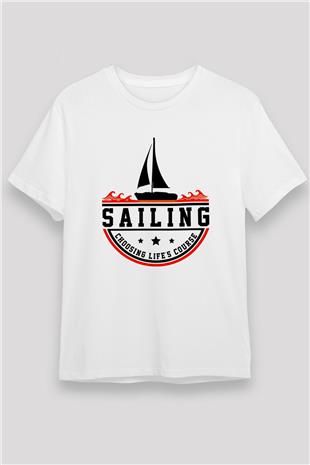 Yelken Baskılı Unisex Beyaz Tişört - Tshirt