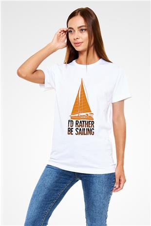 Yelken Baskılı Unisex Beyaz Tişört - Tshirt