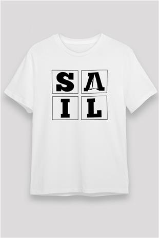 Yelken Baskılı Unisex Beyaz Tişört - Tshirt