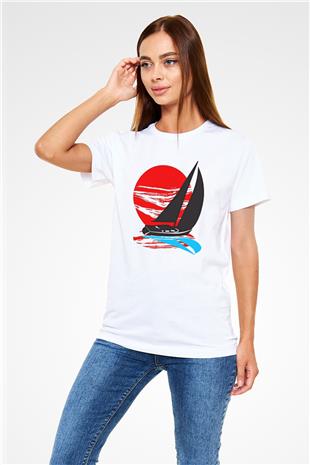 Yelken Baskılı Unisex Beyaz Tişört - Tshirt