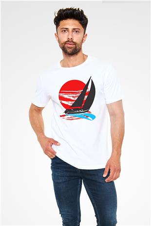 Yelken Baskılı Unisex Beyaz Tişört - Tshirt