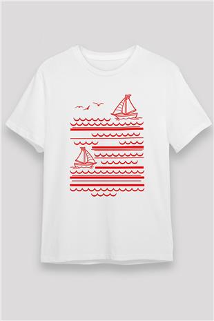 Yelken Baskılı Unisex Beyaz Tişört - Tshirt