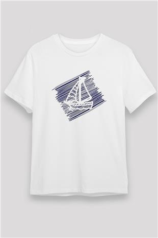Yelken Baskılı Unisex Beyaz Tişört - Tshirt