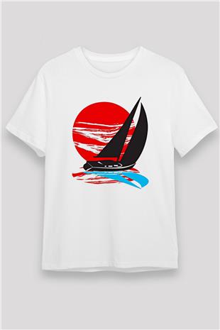 Yelken Baskılı Unisex Beyaz Tişört - Tshirt