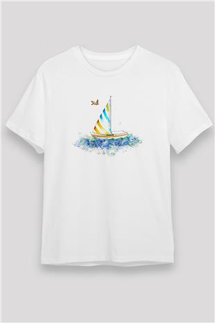Yelken Baskılı Unisex Beyaz Tişört - Tshirt