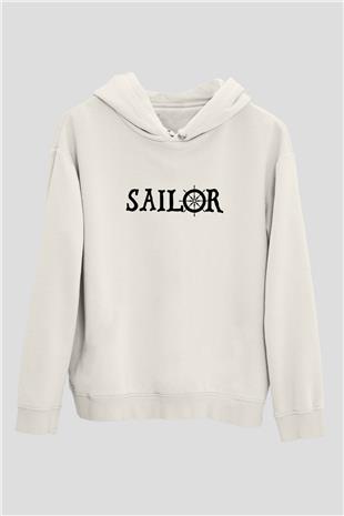 Yelken Baskılı Unisex Ekru Hoodie