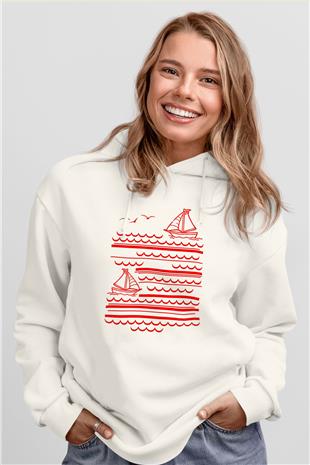 Yelken Baskılı Unisex Ekru Hoodie