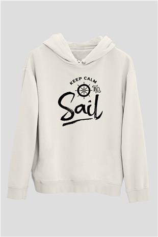 Yelken Baskılı Unisex Ekru Hoodie