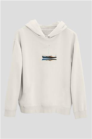 Yelken Baskılı Unisex Ekru Hoodie