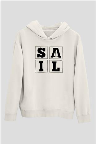 Yelken Baskılı Unisex Ekru Hoodie
