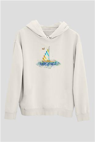 Yelken Baskılı Unisex Ekru Hoodie