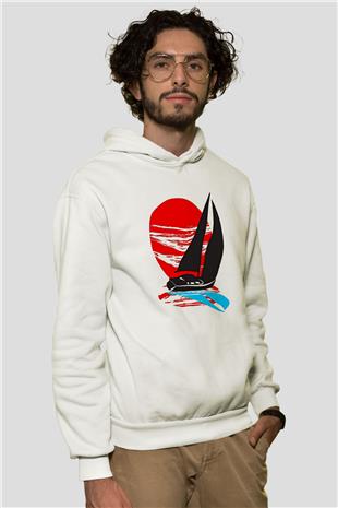 Yelken Baskılı Unisex Ekru Hoodie