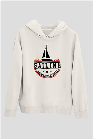 Yelken Baskılı Unisex Ekru Hoodie