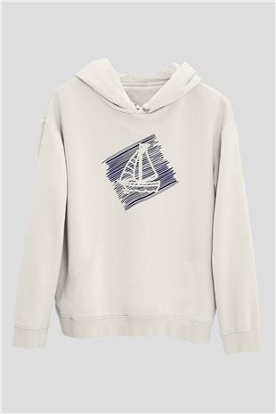 Yelken Baskılı Unisex Ekru Hoodie
