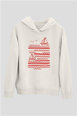 Yelken Baskılı Unisex Ekru Hoodie