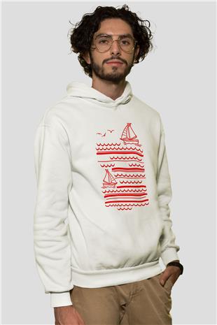 Yelken Baskılı Unisex Ekru Hoodie