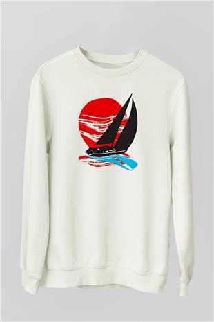 Yelken Baskılı Unisex Ekru Sweatshirt
