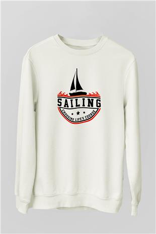 Yelken Baskılı Unisex Ekru Sweatshirt