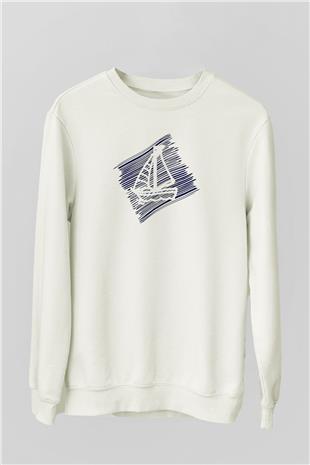 Yelken Baskılı Unisex Ekru Sweatshirt