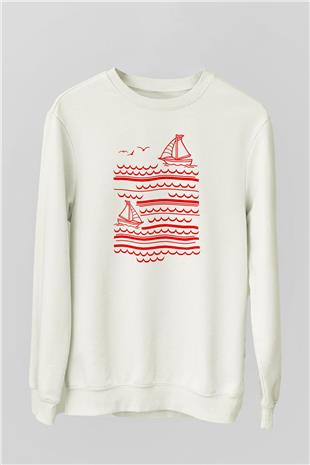 Yelken Baskılı Unisex Ekru Sweatshirt