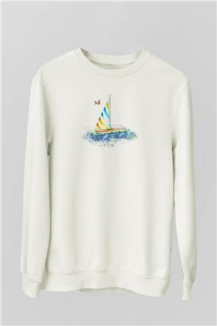 Yelken Baskılı Unisex Ekru Sweatshirt