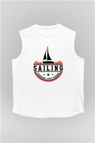 Yelken Baskılı Unisex Kolsuz Beyaz Tişört