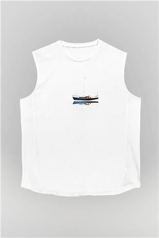 Yelken Baskılı Unisex Kolsuz Beyaz Tişört