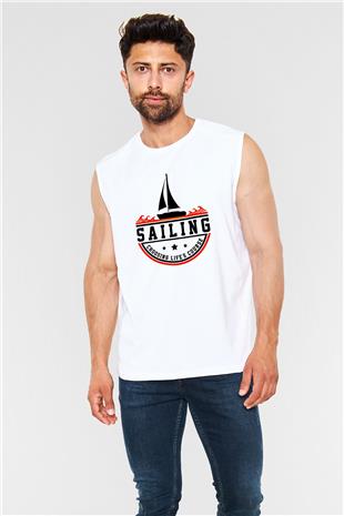 Yelken Baskılı Unisex Kolsuz Beyaz Tişört