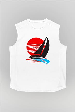 Yelken Baskılı Unisex Kolsuz Beyaz Tişört