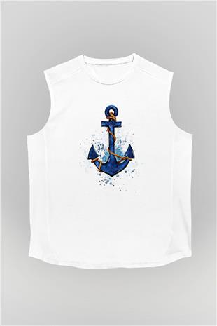Yelken Baskılı Unisex Kolsuz Beyaz Tişört