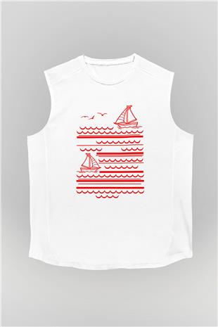 Yelken Baskılı Unisex Kolsuz Beyaz Tişört