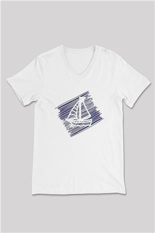 Yelken Baskılı Unisex V Yaka Tişört - Tshirt