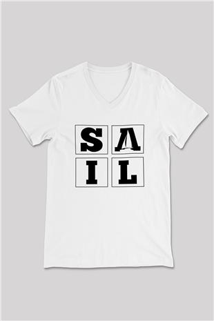Yelken Baskılı Unisex V Yaka Tişört - Tshirt