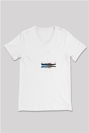 Yelken Baskılı Unisex V Yaka Tişört - Tshirt
