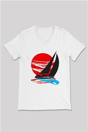 Yelken Baskılı Unisex V Yaka Tişört - Tshirt