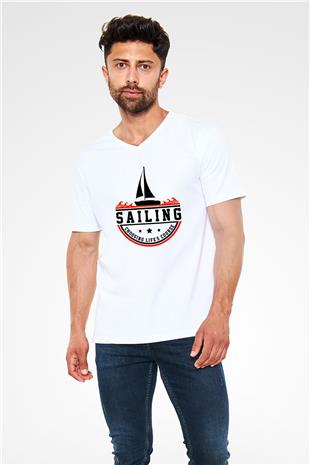 Yelken Baskılı Unisex V Yaka Tişört - Tshirt