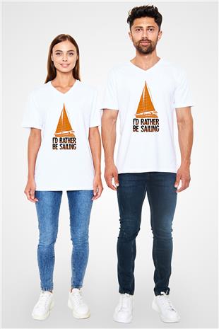 Yelken Baskılı Unisex V Yaka Tişört - Tshirt