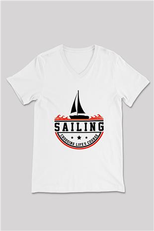 Yelken Baskılı Unisex V Yaka Tişört - Tshirt