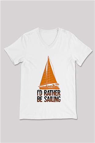 Yelken Baskılı Unisex V Yaka Tişört - Tshirt