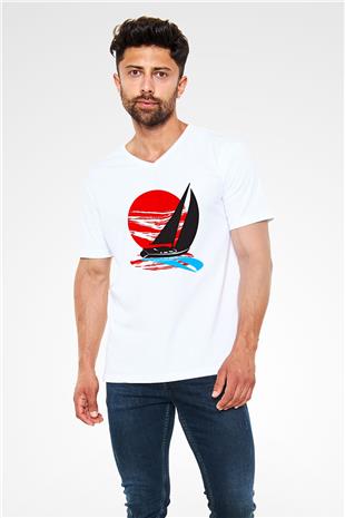 Yelken Baskılı Unisex V Yaka Tişört - Tshirt