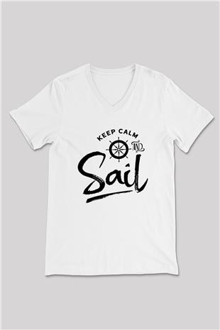 Yelken Baskılı Unisex V Yaka Tişört - Tshirt