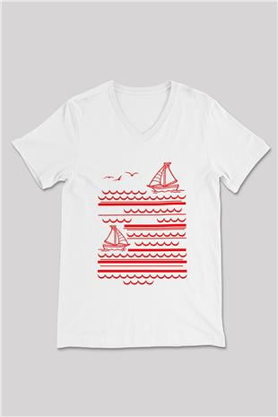 Yelken Baskılı Unisex V Yaka Tişört - Tshirt