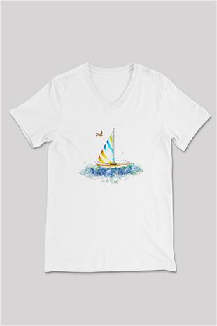 Yelken Baskılı Unisex V Yaka Tişört - Tshirt