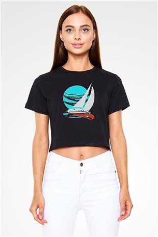 Yelken - Sail Baskılı Crop Top Siyah Kadın Tişört - Tshirt